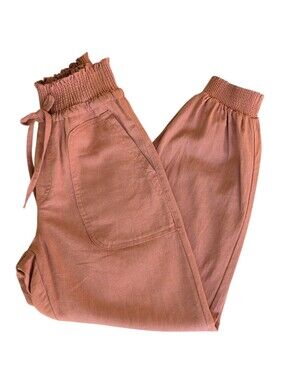 Love Tree Linen Blend High Waist Pull On Jogger Pants SMALL Coral Rust Pockets